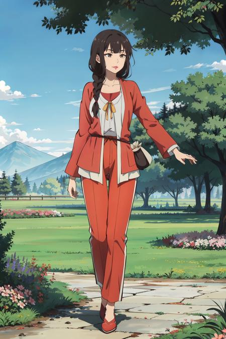 <lora:TaoYao:0.7>, cowboy shot, 1girl, twin braid, braid, long hair,makeup, red lips, brown eyes, red coat, white shirt, yellow breasts strap, belt pouch, ((red pants)), red shoes, long sleeves, full body, dancing, masterpiece, best quality, (colorful),volumatic light, ray tracing,extremely detailed CG unity 8k wallpaper,smile,((flying petal)),(Flowery meadow), sunny,sunshine, light, fantasy, windy, magic sparks, trees, lake, mountains, ((flowers)),harano,