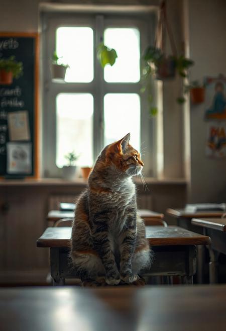 (Soft Lighting Photography by Mimoza Veliu and Mario Giacomelli:1.2), NSFW, a cat sitting alone at a wooden desk, gazing quietly out the window with a wistful expression,  classroom filled with subtle ambient light, chalkboard behind her with faint handwriting, hanging plants and posters evoke a lived-in academic atmosphere — shallow depth of field, soft focus. The image appears sharp, with vibrant colors and a clear focus, possibly indicating high resolution and professional quality