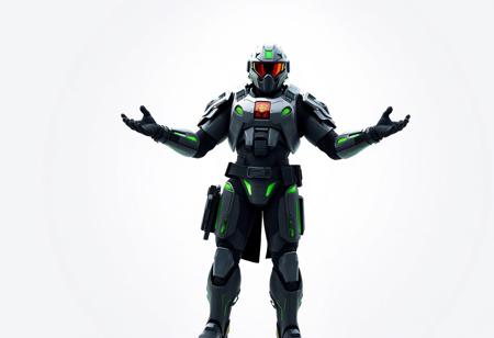 Sci-fi Gadget Soldier in high-tech combat armor, gray with striking green accents and black limbs, red & yellow chest emblem, helmet with green visor, standing ready, arms outstretched, legs slightly spread. Minimal white void background, poised in anticipation. Dynamic pose, cinematic volumetric lighting, Octane Render, Unreal Engine 5, CGSociety, trending on ArtstationHQ. Ultra-detailed, sharp focus, high quality, 4k, impeccable composition, creative angle, golden ratio.