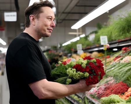 movie still of elonmusk person working as a florist in the local grocery store,.