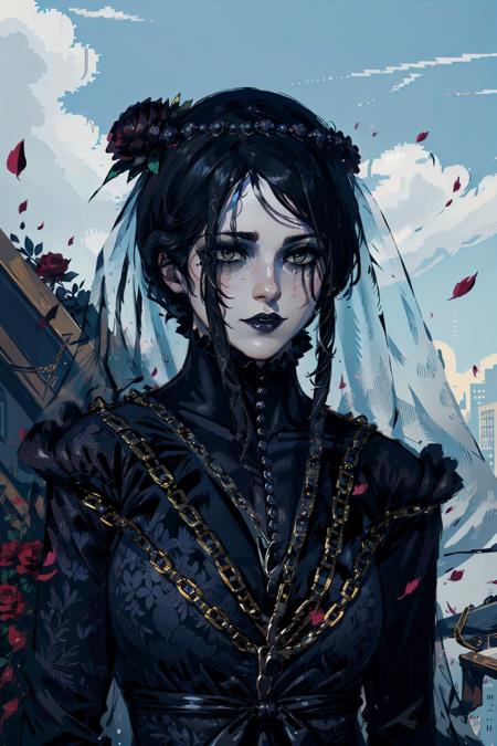 (masterpiece, top quality, best quality, official art, detailed:1.2), <lora:irisW3:0.7>, irisW3, 1girl, solo, short hair, black hair, hair ornament, dress, jewelry, upper body, flower, hair flower, necklace, black dress, makeup, rose, veil, black lips, grey eyes