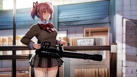 1girl,char_kaname_madoka,(standing,m134minigun),holding gun,<lora:kanameMadokaSchool_v10:1>, <lora:m134v0-000003:.6>,wind,city,on the roof,temple