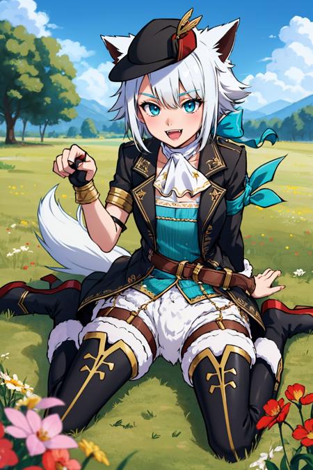 masterpiece, best quality,  <lora:yswhitecat-nvwls-v1-000008:0.9> ysWhiteCat, hat, cat ears, white ascot, black coat, blue shirt, armlet, black gloves, white shorts, fur trim, tail, thigh boots, wariza, field, grass, smile, paw pose, :D, fangs