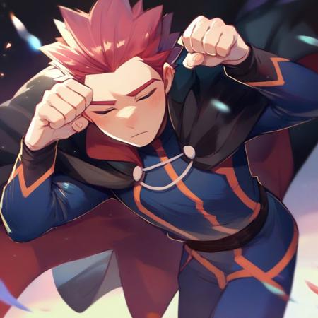 1boy, male focus, red hair, spiked hair,  blue bodysuit, long sleeves, black cape,