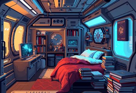 pixel, pexelated,pixelart, futuristic compact spaceship bedroom for apprentice magician with a digital glass computer a bed and piles of book. no decoration full metal room looking like a cubicle
