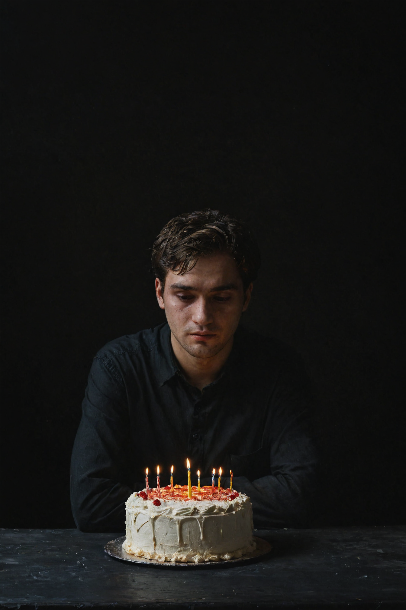 A single man is sitting at a table, sad, 20 years old, cake,  (candles:0.1),  from side, (from afar:1.2), long range plan, 
dark background, (oil on canvas:0.1), cinematic light, nicola samori, 
 <lora:ClassipeintXL1.9:0.3> <lora:NicolaSamori_2:0.5> <lora:- SDXL - vntblk_vanta_shapes_V1.0:0.3> ,best quality, high resolution, extreme detail, outstanding composition, masterpiece,
