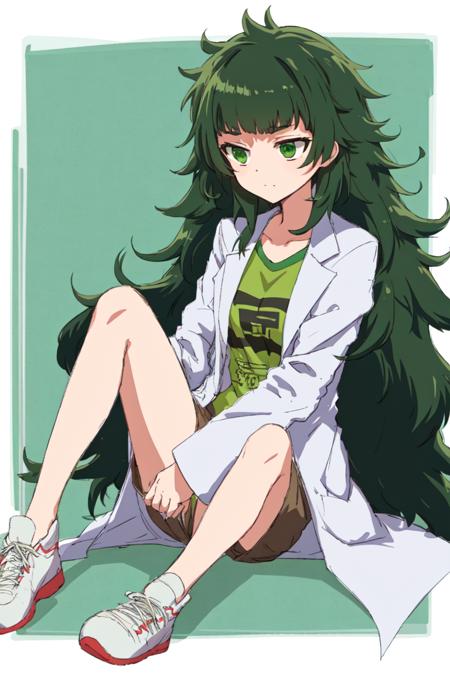 best quality, masterpiece, 1girl, solo, maho, messy hair, bangs, dark green hair, green eyes, full body, labcoat, shorts, t-shirt, sitting