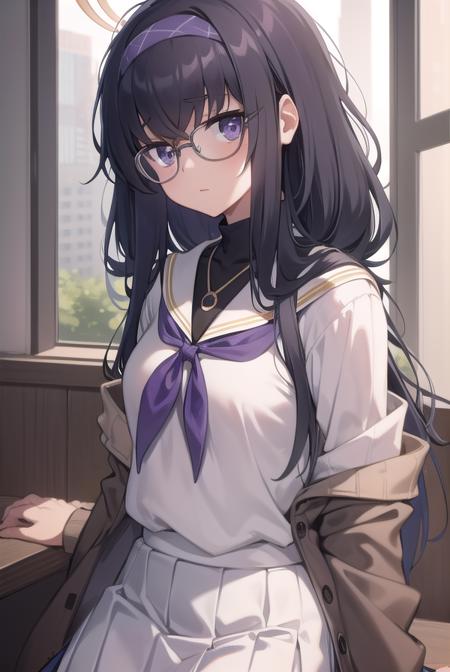 uikozeki, <lora:uikozeki-lora-nochekaiser:1>,
ui kozeki, bags under eyes, black hair, (purple eyes:1.5), glasses, halo, long hair, red-framed eyewear,
BREAK black pantyhose, black undershirt, blue hairband, blue neckerchief, brown cardigan, brown sweater, cardigan, hairband, long sleeves, messy hair, neckerchief, pantyhose, sailor collar, school uniform, serafuku, sweater, white sailor collar, white serafuku, skirt, long skirt,
BREAK looking at viewer,
BREAK indoors, classroom,
BREAK <lyco:GoodHands-beta2:1>, (masterpiece:1.2), best quality, high resolution, unity 8k wallpaper, (illustration:0.8), (beautiful detailed eyes:1.6), extremely detailed face, perfect lighting, extremely detailed CG, (perfect hands, perfect anatomy),