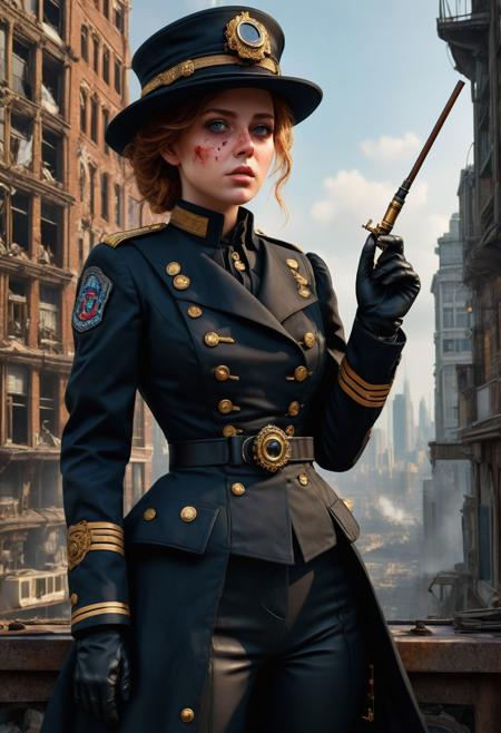 <lora:md2034:0.5> triggering, blood splatter, dystopian
poster_\(medium\),  Intense looking but cute, adorable, and attractive woman, wearing an old fashioned looking black militaristic uniform and cybernetic monocle, smoking a 19th century Sitter-pipe, stands directly in front of big stompy battle-mechs, with an expansive cityscape in the far distant background, ((above her is an 'it's a glorious future' type emblem)),  (simple_background:1.3), symmetry,(no_humans:1.3),, (masterpiece:1.3), (best_quality:1.3), (ultra_detailed:1.3), 8k, extremely_clear, realism, (ultrarealistic:1.3),, insane details, intricate details, hyperdetailed, ultra detailed, extreme detailed, highest detailed, high_detail, epic, attention getting, hdr, photorealistic, highres, ultra_high_res, photography, aesthetic, extremely_delicate, ng_deepnegative_v1_75t, Ellis-RealismBoost, epiCRealism