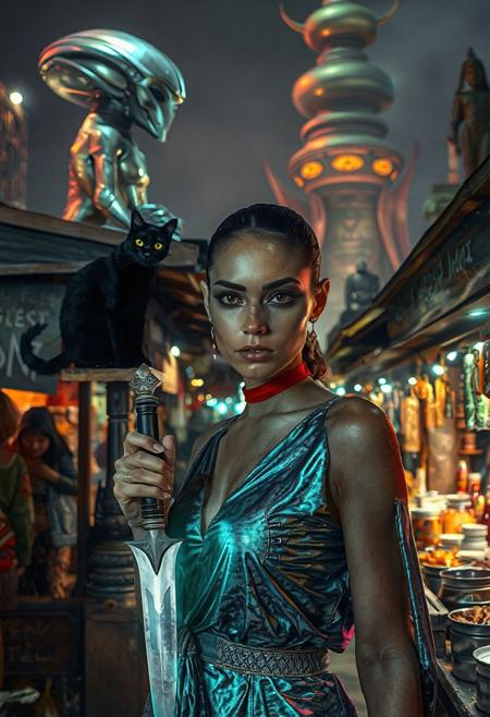 Setting is an extraterrestrial alien street market at night in a city of an extremely advanced extraterrestrial civilization, ((all writing is in an alien script)), ((all lighting is exotic and of an extremely advanced technology.,  the market is comprised of street vendors selling food, exotic technological wonders, and alien EXOTIC sexy clothing made from colorful iridescent fabrics. (((The many alien beings in view have a variety of appearances some are human-like, others are insectoid or feline or canine or reptilian, they are wearing a variety of clothing are walking through the street market shopping and eating))), A black cat with red collar sits on a nearby wooden roof at a market kiosk. Behind the a kiosk counter are containers of exotic goods, (((a beautiful woman with exotic features, 24 years old, is standing in the foreground facing the viewer with a glowing metal dagger in her hand. Her eyes are detailed and have the luminescence of fiery beautiful jewels focused on the viewer, she has an expression of interested curiosity))), the being is dressed in exotic style clothing of a completely exotic aesthetic. Enormous metallic statues and temples are visible in the background and around the scene and smaller statues are prevalent in the market, Epic image that elicits a feeling of wonder and awe, (((many types of aliens are walking around the market))),