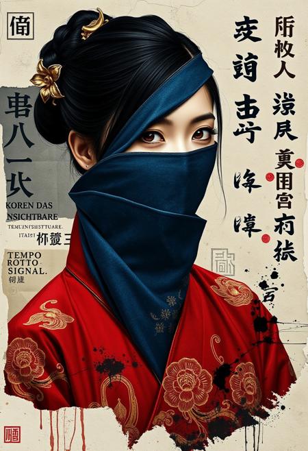 (abstract collage artwork, Art by Sergio Toppi)** A stylized digital portrait depicts an East Asian woman, her features abstractly fragmented. A textured indigo cloth veils her face, revealing sharp, contemplative eyes and a sliver of glowing golden-ivory skin. Her jet-black hair is swept into a sleek chignon adorned with a floral metalwork hairpin. She wears a hanbok-inspired crimson robe with wide sleeves, embroidered with golden peony motifs, swirling clouds, and geometric lattice patterns in metallic embossed textures.  
The backdrop merges torn rice paper, ink washes, and layered collages. Multilingual phrases—Chinese *"碎片记忆,"* Korean *"흩어진 ﷿간,"* German *"DAS UNSICHTBARE,"* Japanese *"記憶の影,"* Italian *"TEMPO ROTTO,"* and English *"LOST SIGNAL"*—appear in weathered calligraphy and fractured typography, overlapping ink splatters in charcoal, ivory, and burnt sienna. Circular seals with fragmented characters and abstract symbols punctuate the design. Traditional East Asian motifs (ink landscapes, cherry blossoms) clash yet harmonize with Western blocky text and surreal geometric shards, weaving a narrative of cultural memory and fractured identity.