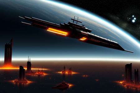 a space pirate battleship among the ruins of an advanced, futuristic city