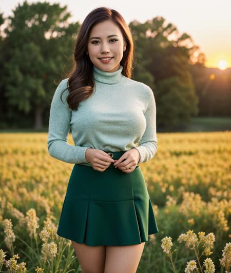 t1g3rb3,  spectacular light, upper body, Leaves, sunset, Colorful flowers, close portrait photo, Twilight, firelies, Green meadow, breast, asiatic, smile, Turtleneck, skirt, dress asian