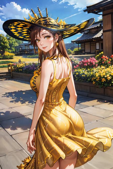 masterpiece, best quality, <lora:fsrdorothea-nvwls-v1-000009:0.9> fsrdorothea, earrings, hat, (yellow sundress:1.4), from behind, large breasts, garden, smile, japanese architecture