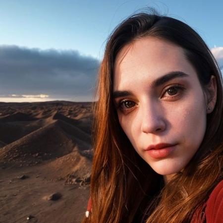 A selfie style photo of the last 25 year old woman from the last day of human kind on earth, extremely detailed, apocalypse, end of times