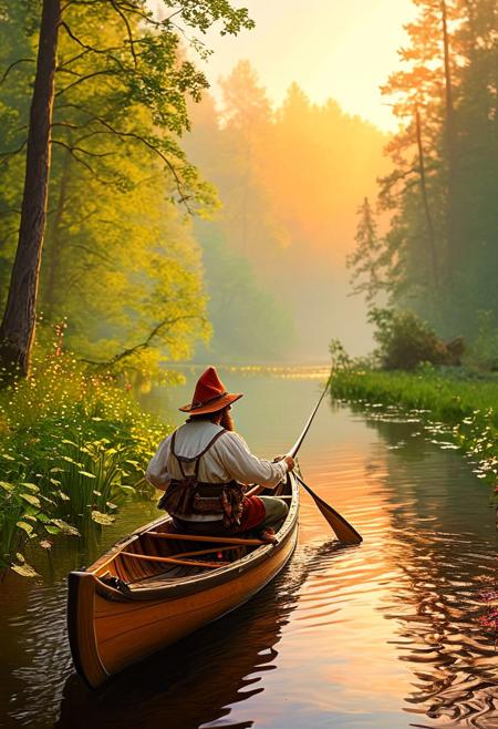 handsome burly gnome man, brown hair, in his 40s, distinguished, German folk clothing, fishing at dusk, sitting in a sturdy wooden canoe, paddling softly on a calm river, surrounded by lush green forest, mist rising from the water, cozy and hygge atmosphere, lantern at the bow of the canoe, gnome casting a line, reflection of the canoe on the water, sky turning deep shades of orange and pink, feeling of solitude and tranquility, gentle splash of the paddle, soft murmurs of nature, gnome enjoying the serene beauty
, in the style of a frank frazetta oil painting