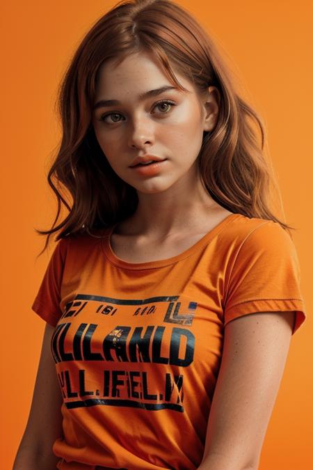 ChloeMelton, ((t-shirt:1.5)), studio lighting, (closeup on upper body:1.3), (oiled shiny skin, tilted angle shot, 8k uhd, best quality, masterpiece, sharp focus:1.4), (basic orange backdrop:1.7)