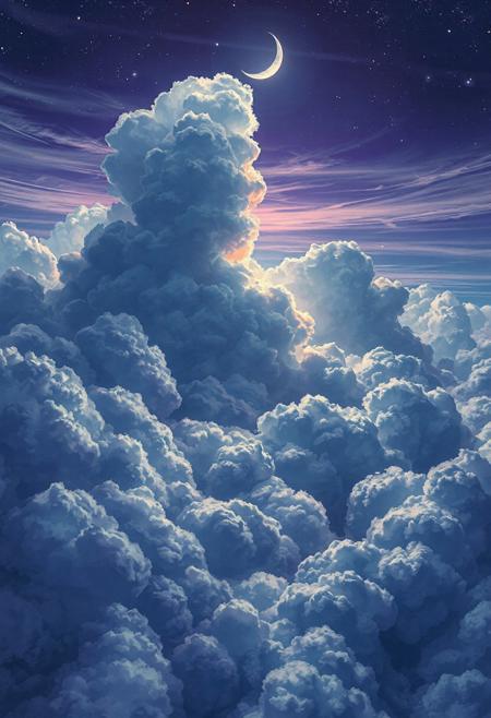"Vertical 9:16 anime-style night sky scene in ultra-detailed 4K resolution. Towering layers of sharp, high-definition cumulonimbus and cirrus clouds painted in deep violet, sapphire blue, and inky midnight hues. The clouds have complex structures: jagged edges, high contrast shading, volumetric depth, and internal turbulence. Fine-tuned cel shading with rich watercolored gradients and hyper-realistic edge lighting.
Pockets of silver moonlight illuminate the highest cloud peaks, casting soft glows and sharp shadows onto lower cloudbanks. Misty atmospheric layers weave between cloud strata, adding haze, transparency, and volumetric depth. Subtle twinkling stars peek through upper gaps. A crescent moon partially hidden behind layered clouds adds mystique and contrast.