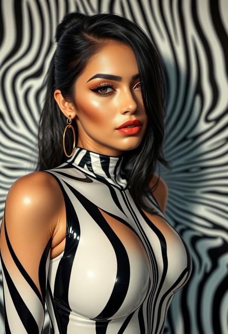 1girl, Beautyful, buxom, Latina, 26 years old, shining skin, perfect quality, high quality, 
ambient occlusion, raytracing, source_anime, shining glossy skin, close up woman in a black and white striped bodysuit, zebra op art, long black stiletto nails, trending on artstation op art, fullbody art, fullbody painting, like artgerm, zentai suit, illusion psychedelic art, an optical illusion drawing, surreal drawing, optical illusion art, illusion surreal art, art on instagram, Byron Galvez
.score_9, score_8_up, score_7_up,score_6_up, rating_safe