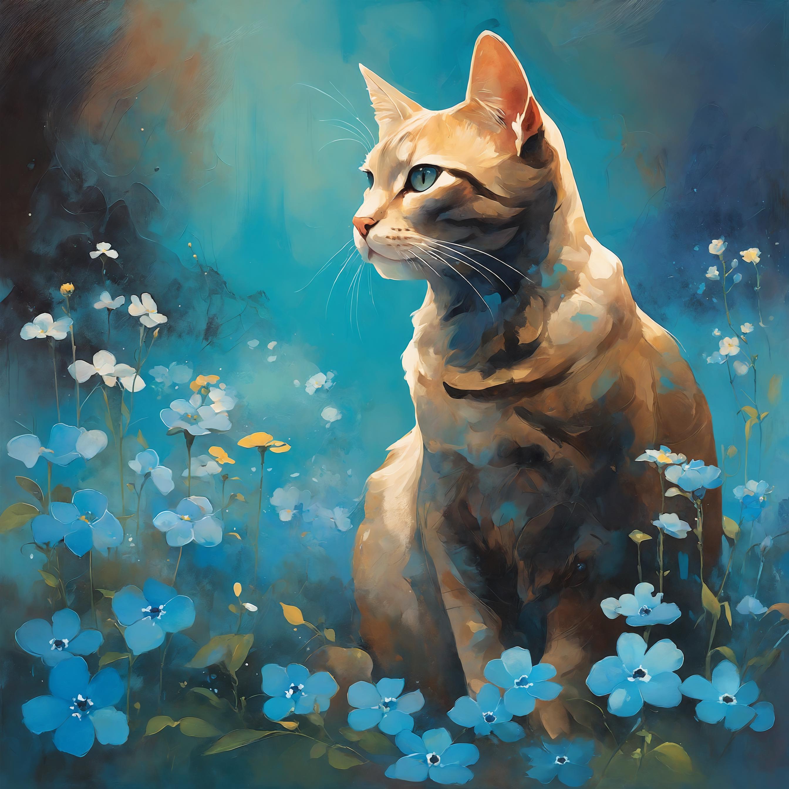 A cat sitting in a field of blue flowers.