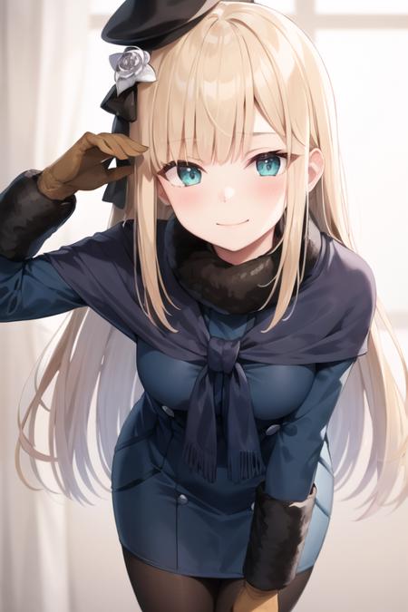 1girl, solo, masterpiece, best quality, <lora:reines:0.7>, reines, 1girl, pantyhose, hat, tilted headwear, looking at viewer, smile, blush, gloves, black headwear, flower, white background, long sleeves, leaning forward, black pantyhose, fur collar, clothes pull, hair flower, pantyhose pull, simple background, hair ornament, scarf, jacket, closed mouth, gradient, gradient background, ribbon, fur trim, dress