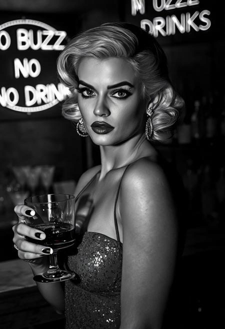 Film noir style, black & White, high contrast, greyscale:2.5, 1940s film noir detective movie, shot on film, film noir detective movie, 
((best quality)), ((masterpiece)), (detailed), film noir butterfly lighting, 
Female, beautiful woman, platinum blonde hair in 1940s pinup style, detailed eyes, high cheekbones, full pouty lips, lips parted, busty, hourglass figure:0.9, slinky halter top and sleeveless dress, super sexy sequin dress, standing at a bar in a cocktail lounge, Smokey background:0.8, neon Sign says “NO BUZZ NO DRINKS”:2.5, highly detailed skin, looking at the viewer,  holding a glass of whiskey, background of a bar, backlit bottles of upscale alcohol on shelves behind bar, no watermark signature, closed mouth, insanely detailed, ((masterpiece)), HDR, key visual, studio quality, highly detailed,close portrait,
beautiful, ultrafine, detailed, studio lighting . Monochrome, high contrast, dramatic shadows, 1940s style, mysterious, cinematic, film noir,