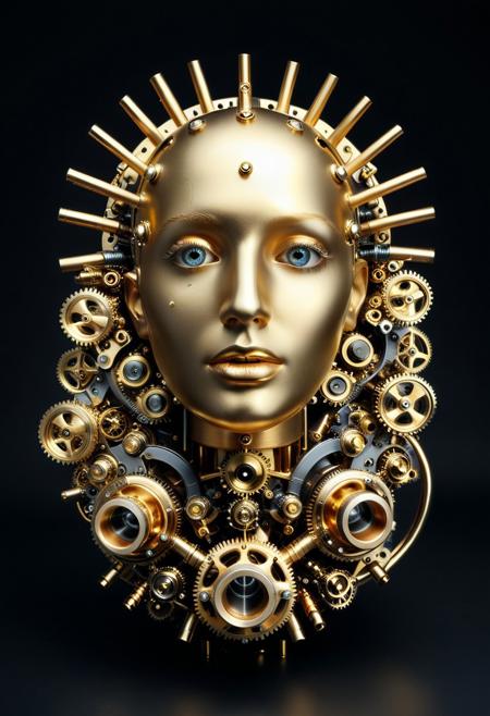 A portrait of a face, rendered as if it were a complex, self-assembling sculpture of polished golden pipes and gleaming steel gears.
(The eyes are glowing orbs of light, and the "skin" is a seamless integration of metallic components:1.5).
Against a dark, velvety background, intricate shadows play across the metallic surfaces.
Abstract, minimalist, high key lighting, conceptual art, detailed, surrealist, lazypos, qu4ntum.