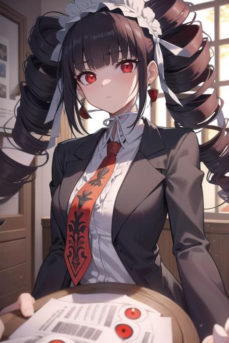 celestialudenberg, <lora:celestialudenbergtest-clean:1>, celestia ludenberg, black hair, bonnet, drill hair, earrings, long hair, (red eyes:1.5), twin drills, twintails,
BREAK bonnet, card, claw ring, frills, gothic, jacket, jewelry, gothic fashion, long sleeves, necktie, red necktie, shirt, white shirt,
BREAK indoors, classroom,
BREAK looking at viewer, BREAK <lora:GoodHands-vanilla:1>, (masterpiece:1.2), best quality, high resolution, unity 8k wallpaper, (illustration:0.8), (beautiful detailed eyes:1.6), extremely detailed face, perfect lighting, extremely detailed CG, (perfect hands, perfect anatomy),