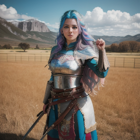 a vicking, standing in front  of medieval village, rainbow hair, full-length photo, 70mm lens, symmetrical, posing, sharp, textured skin,  realistic,intricated detailed ,(perfect fingers:1.2),  photographed by a Nikon Z7 II Camera,8k uhd,     <lora:Vicking-000006:0.8>