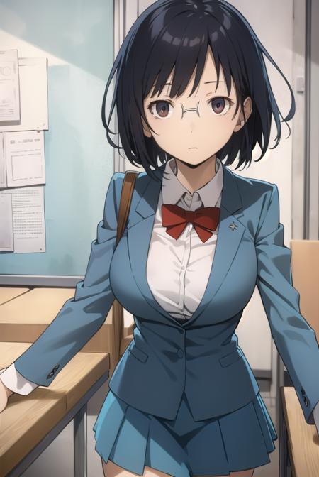 anrisonohara, <lora:anri sonohara s1-lora-nochekaiser:1>,
anri sonohara, short hair, black hair, (brown eyes:1.3), glasses, bob cut,
BREAK skirt, school uniform, shirt, white shirt, collared shirt, blazer, blue blazer, bow, red bow, blue skirt,
BREAK indoors, classroom,
BREAK looking at viewer, (cowboy shot:1.5),
BREAK <lyco:GoodHands-beta2:1>, (masterpiece:1.2), best quality, high resolution, unity 8k wallpaper, (illustration:0.8), (beautiful detailed eyes:1.6), extremely detailed face, perfect lighting, extremely detailed CG, (perfect hands, perfect anatomy),