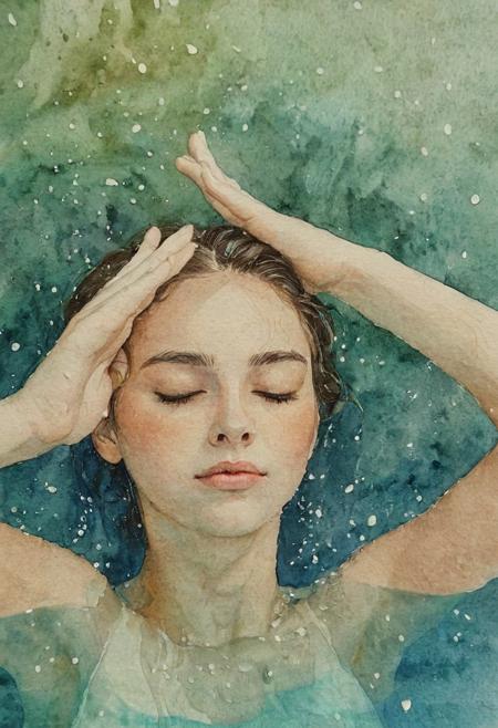 Watercolor image
A serene, intimate image of a woman in a pool, shot from the front. She's pressing her hands together above her head, lifting them through the water, creating splashes and suspended droplets around her face. Her eyes are closed or half-closed in a calm, meditative expression. Natural lighting, soft and diffused, creates a gentle, dreamy atmosphere. Slight motion blur on the water droplets for realism. Shallow depth of field with the focus on the face and water textures. The photo feels candid and emotional, evoking peace and introspection.  green and teal tones in the water.
novuschroma75 style watercolor,
