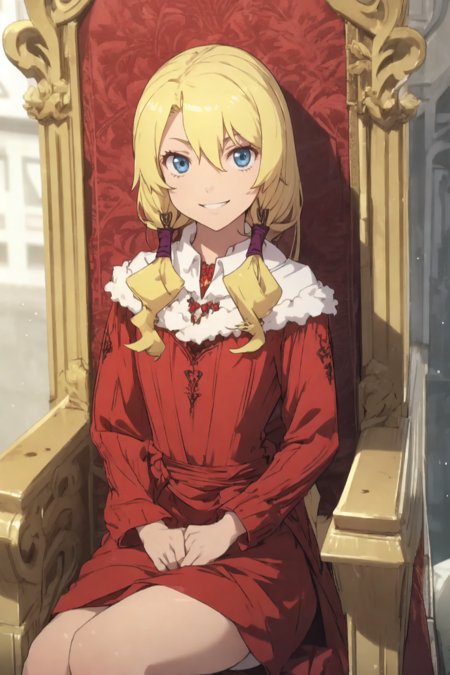 lashara_earth, blue eyes, blonde hair, 1girl, solo, dress, red dress, long_hair, hair_ornament, hair_between_eyes, smile, looking at viewer, throne, sitting, grin, crossed_legs, ,