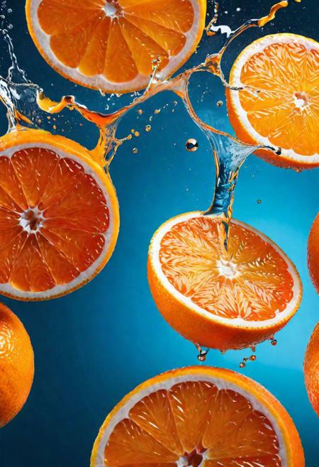 Captivating close-up shot of fresh orange slices, with a dynamic splash of vibrant orange juice adding a sense of energy and movement to the frame. The image highlights the intricate texture and deep, warm orange color of the fruit's skin, set against a vibrant orange color tone. This high-speed photograph captures the beauty of the oranges in stunning detail, showcasing the allure of fresh fruit and the artistry of food photography.