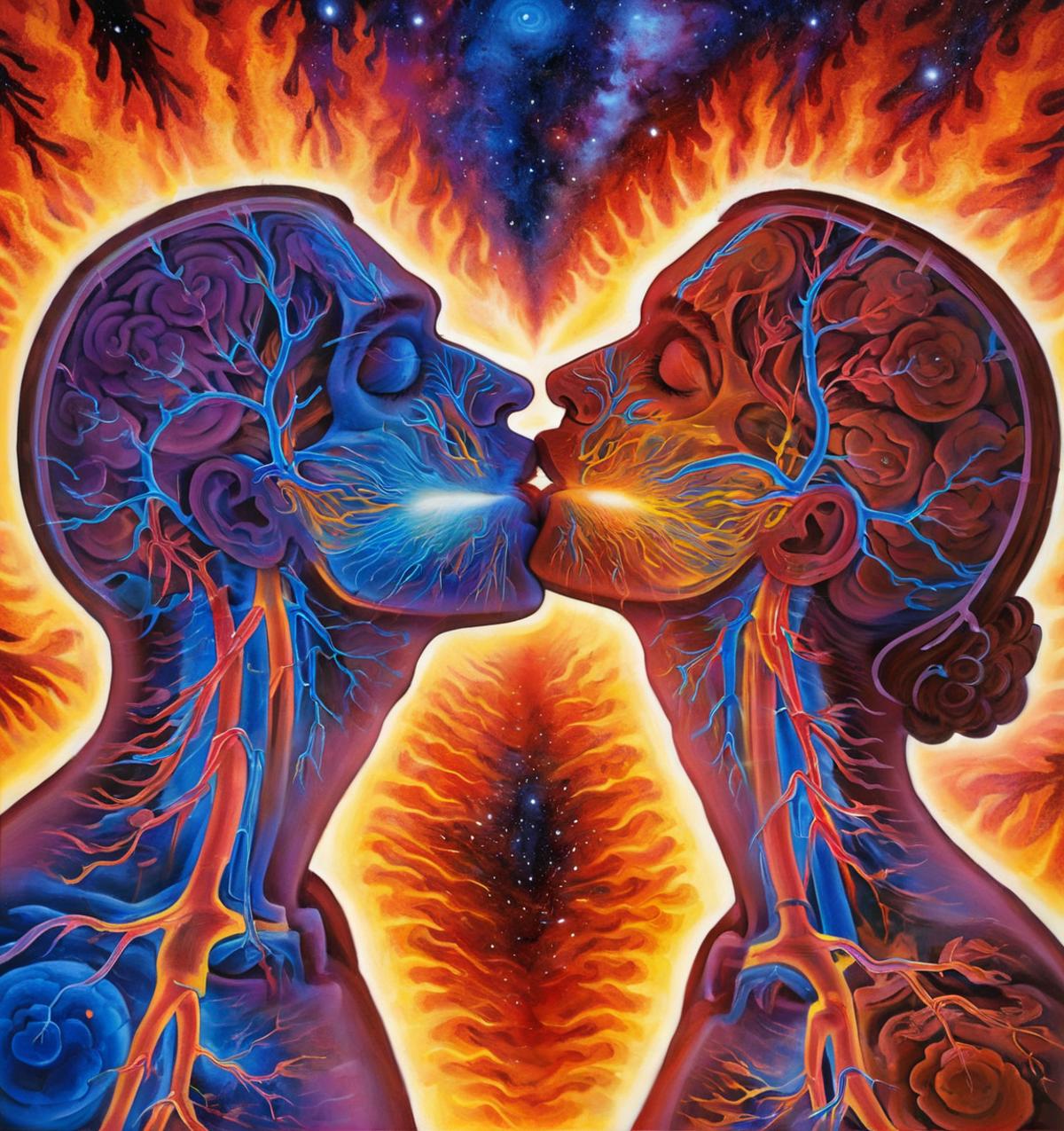 Artistic Illustration of Two Hearts Kissing with Blood Vessels and Fire Background