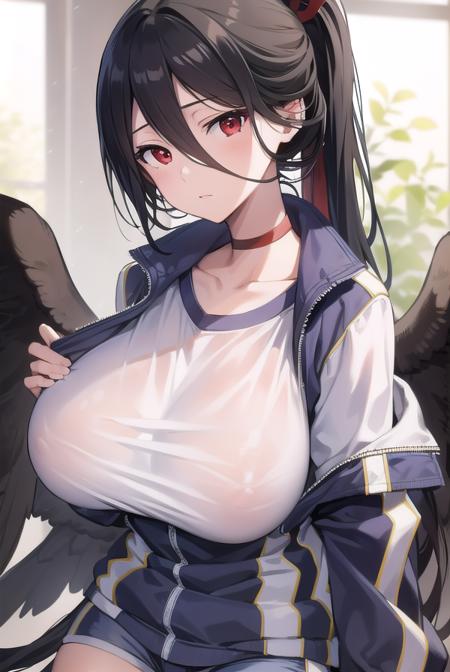 bluearchivehasumi, <lyco:hasumi-lyco-nochekaiser:1>, 
hasumi, black hair, hair between eyes, long hair, mole, mole on breast, mole under eye, (red eyes:1.5), wings, black wings, low wings, feathered wings, (large breast:1.2),
BREAK blue jacket, blue shorts, choker, collarbone, gym uniform, high ponytail, jacket, long sleeves, official alternate costume, shirt, short shorts, shorts,  white shirt,
BREAK looking at viewer, 
BREAK indoors, classroom,
BREAK <lyco:GoodHands-beta2:1>, (masterpiece:1.2), best quality, high resolution, unity 8k wallpaper, (illustration:0.8), (beautiful detailed eyes:1.6), extremely detailed face, perfect lighting, extremely detailed CG, (perfect hands, perfect anatomy),