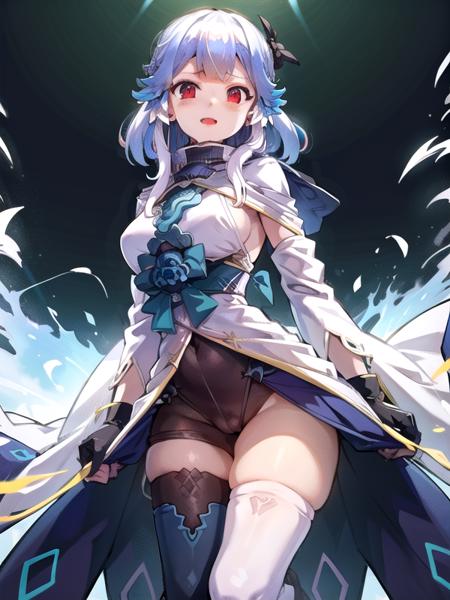 (hyper extreme detailed),(masterpeace),(hyper extreme)CG, beautiful lighting,light from the front,official art, solp,1girl, outdoors for park, <lora:hakuhou:0.8>,hakuou,aqua hair,red eyes,ninja,ninja suite,white dress,obi,sleeve,white capelet,sandar,