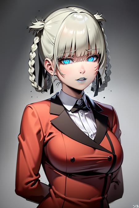 <lora:VRAMsMomobami:0.6>, xyzmomobami, 1girl, braided, hair rings, hair loops, grey hair, blue eyes, red jacket, school uniform, beautiful, masterpiece, closeup, portrait, blunt bangs, medium breasts, arms behind back, blue lips, glowing eyes, blue eyes, looking at viewer, evil, double breasted coat, red coat, gesugao, white undershirt, buttons, dramatic, mature