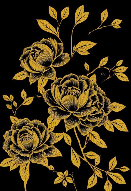 Gold and black floral pattern, gold lines, in the style of Chinese art, peonies, solid background, simple design, flat illustration, high resolution, high level of detail, high-quality, low noise, printmaking style, black background, pure black background, high definition.