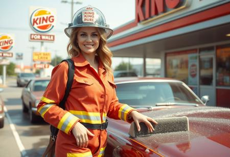 sexy street girls 40 years old, wearing fireman suit, doing car wash in a 1970 Burger King Courtyard , in background a lot of adv signs "sexy car wash for buzz $$$"
