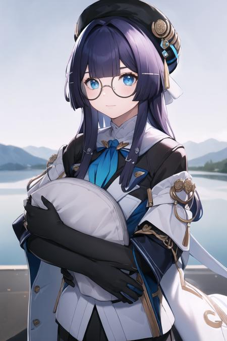 masterpiece, best quality, PelaV4, 1girl, solo, looking at viewer, gloves, hat, holding, closed mouth, jacket, glasses, black gloves, black headwear, adjusting eyewear, <lora:PelaV4-06:1>