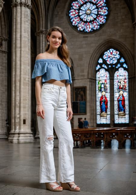 fashion photography (full body shot:1.1), pale skin ohwx woman Off-the-shoulder linen top White boyfriend jeans Wedge sandals Pearl stud earrings Romantic yet casual with flowing fabrics. Notre Dame Cathedral Indoors Middle of nave Stained glass windows Symmetry Surrounded by sculptures and art Natural light through rose window shot on Nikon Z6 Nikon Z 85mm f/1.8 S F/2.8, 1/125s, ISO 100, in style of Petter Hegre
<lora:ErinEverheart_SDXL_v1.0b:1>