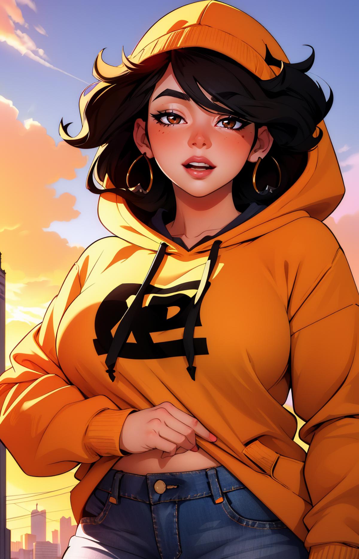 Cartoon Image of a Woman Wearing a Yellow Hoodie with the Letters "PB" on it