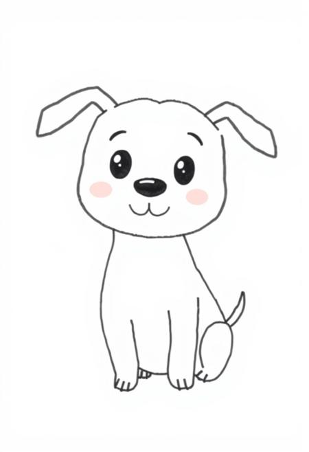 A simple doodle of a cartoon cdog, drawn in the style of a child with minimalistic lines and shapes. The character is designed to be cute but not complex or detailed. It should have exaggerated features like large eyes and ears typical for children's illustrations. Black ink on a white background. in the style of Gemma Correll, c 50,