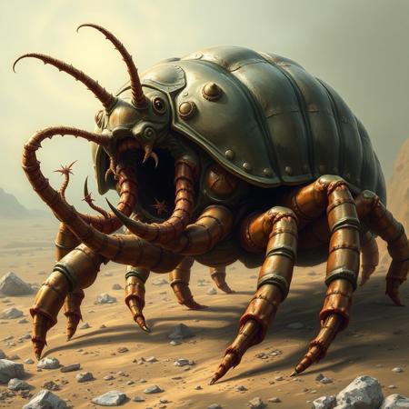 giant pill bug, sand crab, large gapping maw with tentacles reaching outward, claws to push food in, hr gieger, lovecraftian, high detail, armored shell, many legs, ((side view))