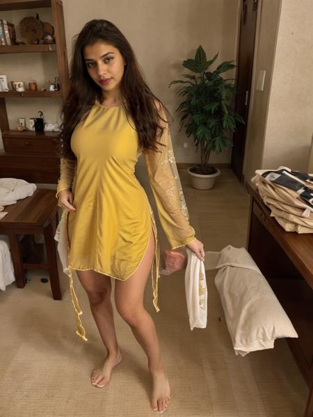 (side view:1.2), wide angle shot, standing, candid, beautiful pakistani woman, (embroidered longsleeve (plain cotton:1.2)  red colored (anars:1.2) (kameez:1.1), colourful clothes, round neckline),hotel room, (london:1.2), suburbs, residential, <lora:nightchen-10:0.7> <lora:anars:0.3> , whole body, legs, (thick thighs:1.1), wide hips, (side of torso visible:1.2), (high side slit:1.2), creased cotton fabric, <lora:Smol2:0.5> (smol2:1.1), masterpiece, best quality, absurdres, highres, 4k, intricate details, highly detailed, <lora:add_detail:0.1>, <lora:real_skin:0.5> skin, <lora:tight_clothes_v1:-1.5> , (naughty:1.1), mischievous, knowing smile, (Clutter-Home:1), dglatte, , (side of buttocks:0.7), (revealing:1.2), (sexy:1.1), panties, bare legs, modern hotel room, chic, 
  , <lora:selfie:0.7> (selfie:1.1),  <lora:Mini Dress By Stable Yogi:0.5> (wearing mini dress:1.1), RAW photo, 8k uhd, dslr, soft lighting, high quality, film grain, Fujifilm XT3