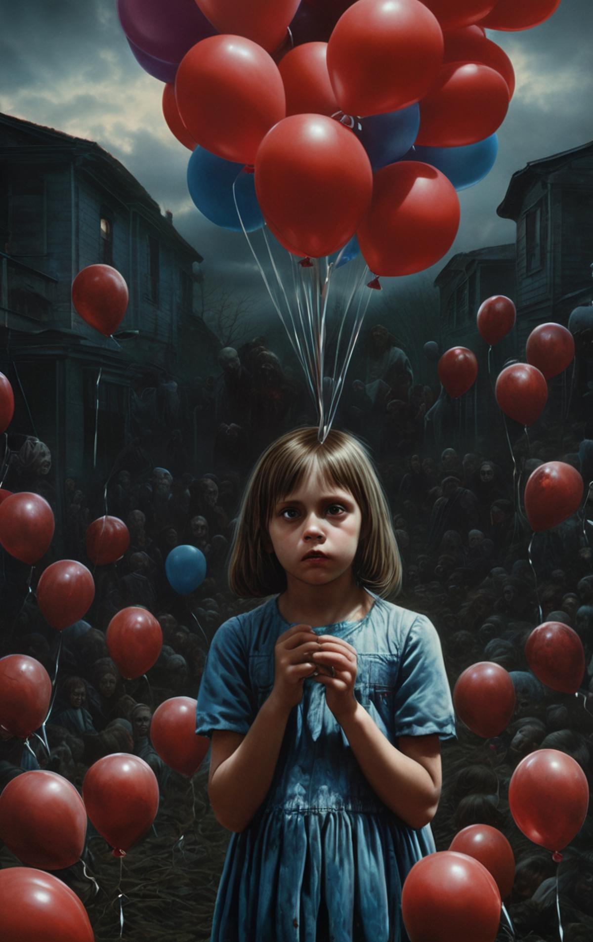 A little girl in a blue dress surrounded by red and blue balloons.