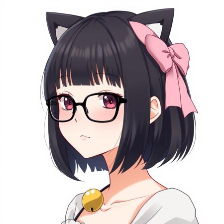 Black hair,  short woman, fringe hairstyle, bob hairstyle, anime, black glasses, pink bow, cat ears, yellow bell necklace