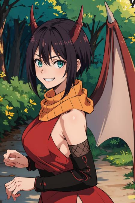 masterpiece, best quality, <lora:souka-nvwls-v1-000009:0.9>  souka, orange scarf, red dress, sash, vambraces, forest, looking at viewer, large breasts, grin, from side, horns, dragon wings