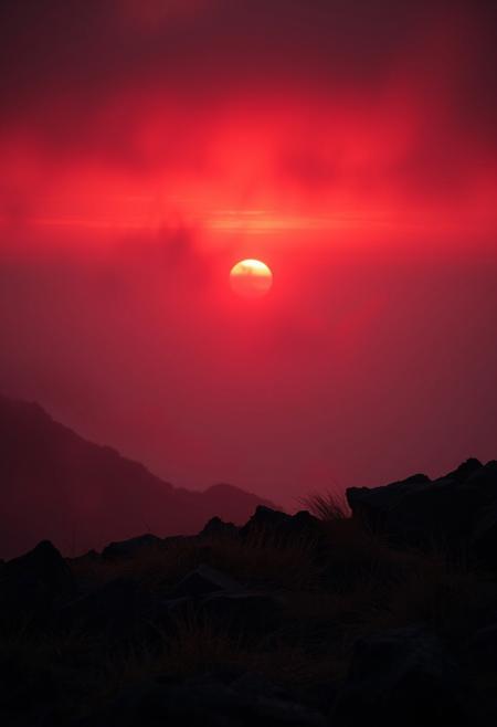 A crimson-hued sunset descends upon a rugged terrain, where wispy clouds and misty fog envelop the landscape in an eerie atmosphere. A dark, muted palette dominates, with deep oranges and purples bleeding into the distant haze. Cinematic lighting casts long shadows, imbuing the scene with dramatic tension. The camera pans across the terrain, capturing every nuance of fine detail, from the wispy grasses to the weathered rocks. A masterpiece of composition and atmospheric mastery, this breathtaking image demands attention.