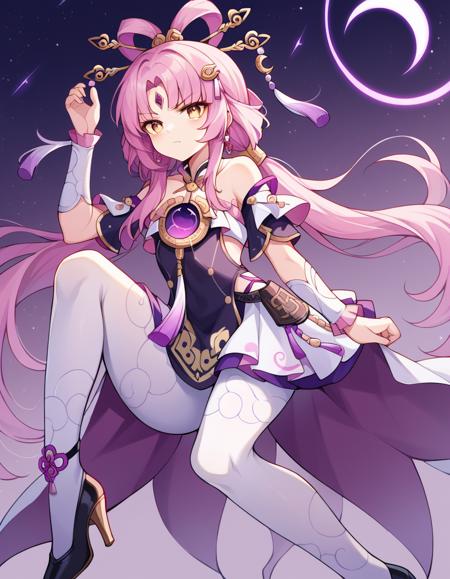 <lora:fu-xuan-ponyxl-lora-nochekaiser:1>, fu xuan, pink hair, yellow eyes, bare shoulders, parted bangs, twin tails, bow-shaped hair, low twintails, serious chinese clothes, forehead jewel, hair ornament, jewelry, white pantyhose, black footwear, black shirt, detached sleeves, dress, frilled arm warmers, frilled dress, frills, hairpin, halter shirt, halterneck, high heels, miniskirt, multiple hairpins, pleated skirt, purple skirt, purple sleeves, purple gemstone, tassel, tassel hair ornament, white arm warmers